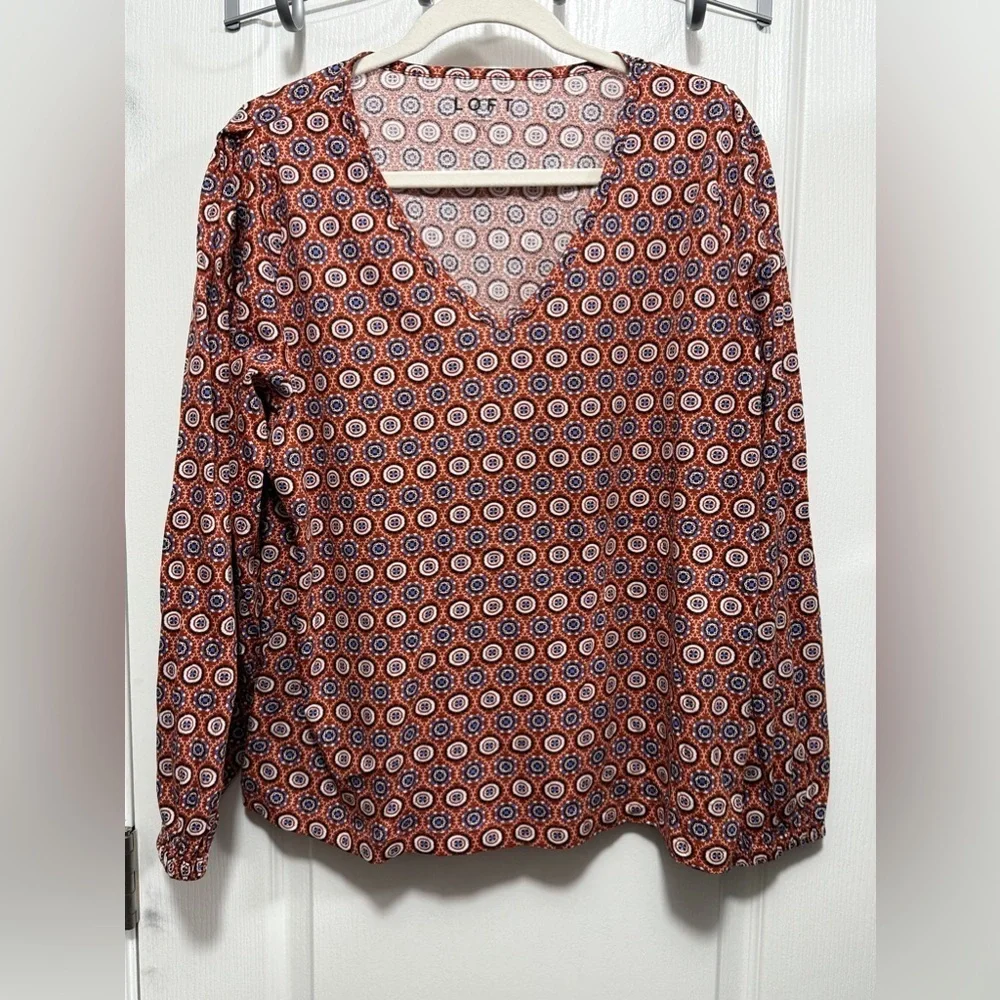 LOFT Ann Taylor Women's‎ SZ XL medallion Long puff Sleeve Blouse orange blue NWT